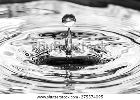 Single solitary circular spherical drip drop splash of water into reflective calm puddle pool causing ripples in monochrome or black and white