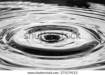 Single solitary drip drop splash ripple of water into reflective colorful calm puddle pool in monochrome or black and white