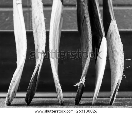 Black and white macro shot of hockey stick blades - Shallow depth of field