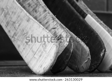 Black and white macro shot of hockey stick blades - Shallow depth of field