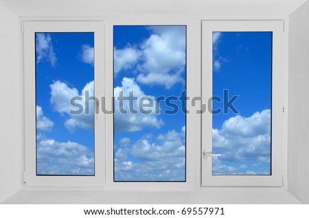 Plastic window with view to blue sky