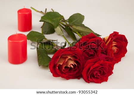red roses and two candles on a white background