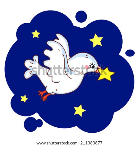 Cute bird take a star in its beak. Flying birds. Night. Vector illustration for her. Or for Christmas. On white background.