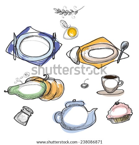 Set of food frames for menu restaurant design. Modern kitchen. Sketch frames drawings as dishes,plates. First plate,soup plate,cup,cake,vegetables,salt,egg, tea pot,coffee,cup. Vector Eps 10.
