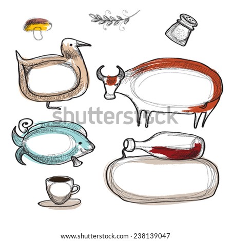 Set of food frames for menu restaurant design. Modern kitchen. Sketch frames drawings as dishes,animals,plates.Cow,bird,fish,cup,wine bottle,salt,mushroom,coffee,cup. Vector illustration.