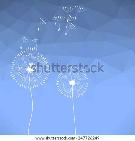 The illustration of two dandelions on a wind loses the integrity, blue polygonal background.