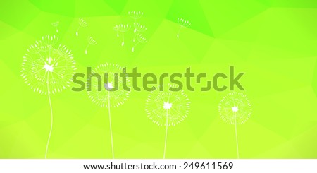 Raster  illustration of dandelions on a wind loses the integrity, blue polygonal background.