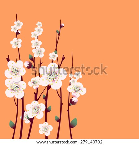Raster spring  apricot blossoming branch on bright peach background