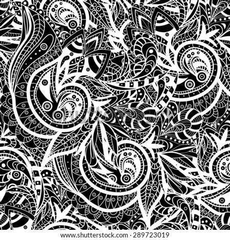 Raster Seamless abstract hand-drawn ornament black and white lace pattern, wavy background. Pattern can be used for wallpaper, pattern fills, web page background, surface textures, wrapping paper.