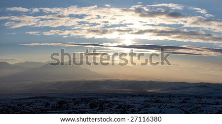 Winter mountains sunset panorama