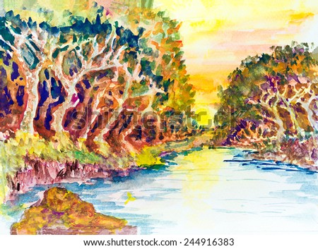 watercolor painting landscape Sunset on the river and forest