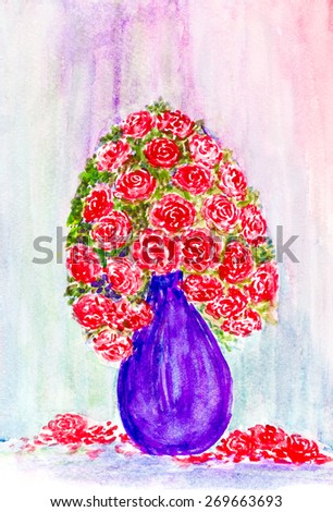 watercolor painting red rose in a blue vase high shape isolated
