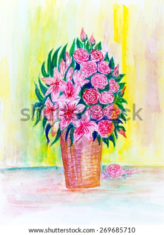 watercolor painting pink rose and lily Beautiful  roses and Lilies in vase , jar, carafe , rose bouquet, valentine