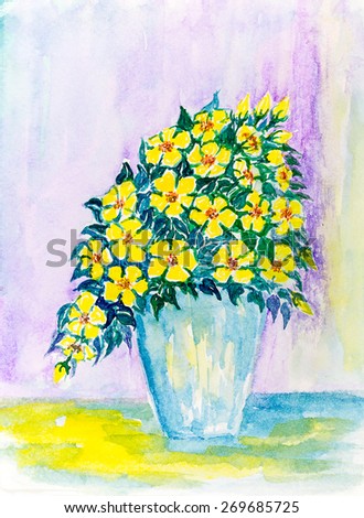 watercolor painting baby love rose Beautiful Yellow roses in vase , jar, carafe , rose bouquet, valentine