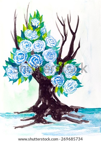 watercolor painting blue or sky blue  rose on dried tree root, bouquet, valentine