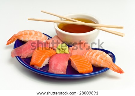 Asian Raw Fish Sushi Dinner w/ Shrimp, Tuna, Salmon, including rice, ginger, wasabi and soup