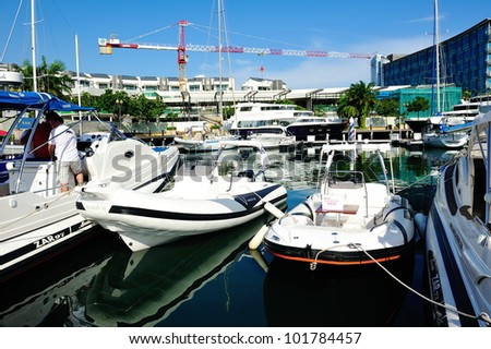 SINGAPORE - APRIL 28: Power boats on display at Singapore Yacht Show April 28, 2012 in Singapore
