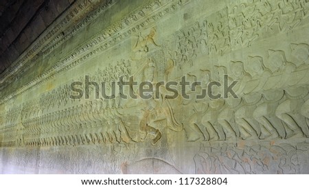 Famous bas relief on the inner wall of Angkor Wat temple in Siem Reap, Cambodia