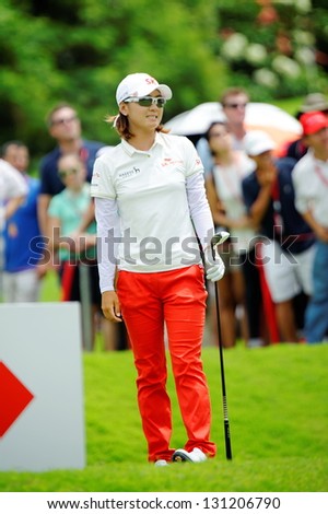 SINGAPORE - MARCH 3: Korean Na Yeon Choi watched her ball landing during HSBC Women\'s Champions at Sentosa Golf Club Serapong Course March 3, 2013 in Singapore