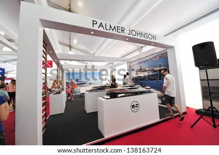 SINGAPORE - APRIL 20: Palmer Johnson yacht booth showcasing its products at the Singapore Yacht Show 2013 at One Degree 15 Marina Club, Sentosa Cove April 20, 2013 in Singapore