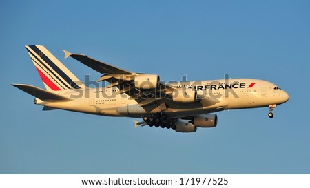 SINGAPORE - MAY 14: Air France Airbus A380 super jumbo landing at Changi Airport on May 14, 2013 in Singapore
