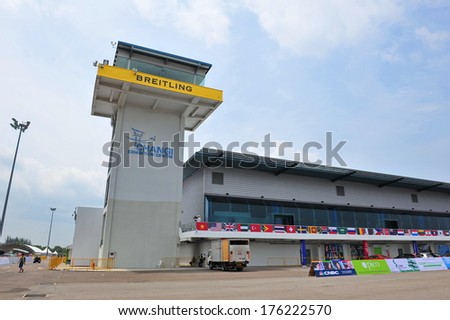 SINGAPORE - FEBRUARY 9: Changi Exhibition Centre observation tower and exhibition hall at Singapore Airshow February 9, 2014 in Singapore