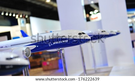 SINGAPORE - FEBRUARY 9: Various Boeing aircraft models, including 787 Dreamliner, on display at Singapore Airshow February 9, 2014 in Singapore
