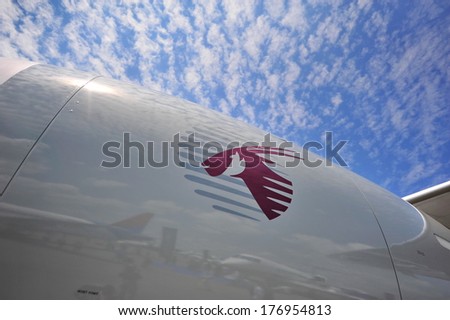 SINGAPORE - FEBRUARY 12: Qatar Airways Boeing 787-8 Dreamliner livery on the General Electric GEnx engine at Singapore Airshow February 12, 2014 in Singapore