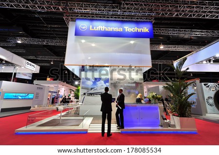 SINGAPORE - FEBRUARY 12: Lufthansa Technik showcasing its MRO and cabin conversion solutions at Singapore Airshow February 12, 2014 in Singapore