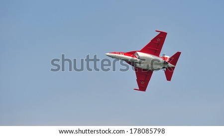 SINGAPORE - FEBRUARY 9: Solo aerobatic flying display by UAC Yak-130 at Singapore Airshow February 9, 2014 in Singapore