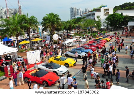 SINGAPORE - APRIL 12: Singapore Ferrari Club Owners showcasing their Ferrari cars during Singapore Yacht Show at One Degree 15 Marina Club Sentosa Cove April 12, 2014 in Singapore