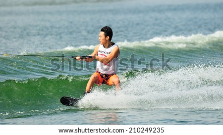 SINGAPORE - JULY 20: Athlete performing stunt during Rip Curl Singapore National Inter Varsity & Polytechnic Wakeboard Championship 2014 on July 20, 2014 in Singapore