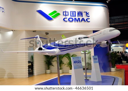 SINGAPORE - FEBRUARY 03: Commercial Aircraft Corporation of China (COMAC) ARJ21 and C919 passenger plane models at Singapore Airshow February 03, 2010 in Singapore