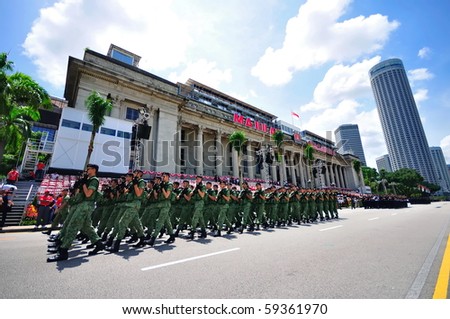 SINGAPORE - AUGUST 09: Soldiers marching during Singapore National Day Parade 2010 at the Padang August 09, 2010 in Singapore
