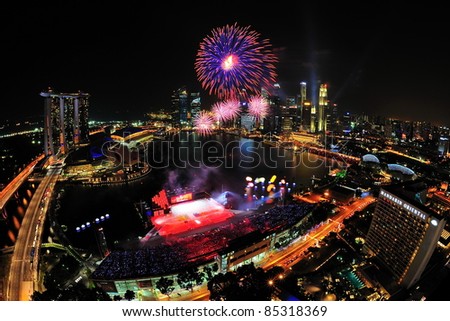 SINGAPORE - JULY 09: Fireworks display during National Day Parade Singapore 2011 Combined Rehearsal on July 09, 2011 in Singapore.