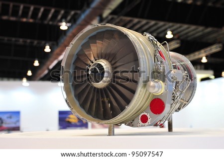 SINGAPORE - FEBRUARY 12: Aircraft engine on display at ST Engineering booth at Singapore Airshow February 12, 2012 in Singapore