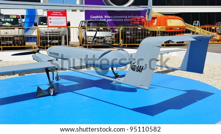 SINGAPORE - FEBRUARY 12: Israel Aerospace Industries (IAI) showcasing their VTOL capable Panther unmanned aerial vehicle (UAV) at Singapore Airshow February 12, 2012 in Singapore