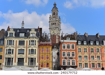 LILLE, FRANCE - SEPTEMBER 13: View of lively Place du General de Gaulle to the Belfry which is one of the town\'s landmark on September 13, 2014 in Lille, France