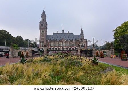 HAGUE - SEPTEMBER 19: Facade of Peace Palace, a building that houses the International Court of Justice, taken on September 19, 2014 in Hague, Netherlands