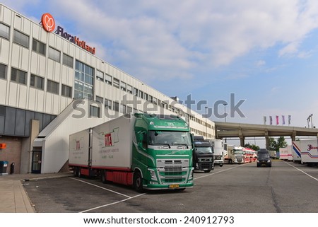 AMSTERDAM - SEPTEMBER 22: Trucks docked at Aalsmeer FloraHolland to load and unload flowers, taken on September 22, 2014 in Amsterdam, Netherlands