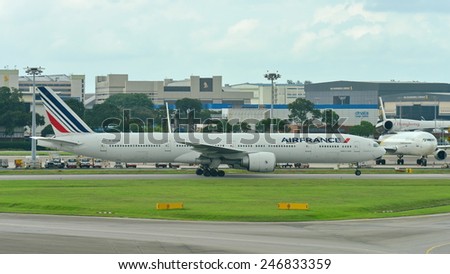 SINGAPORE - JANUARY 10: Air France Boeing 777-300ER taxiing at Changi Airport on January 10, 2015 in Singapore