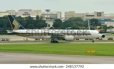 SINGAPORE - JANUARY 10:  Singapore Airlines Boeing 777-200ER taxiing at Changi Airport on January 10, 2015 in Singapore