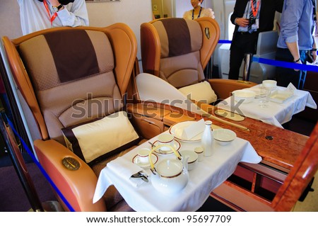 SINGAPORE - FEBRUARY 12: First class cabin in Singapore Airlines\' (SIA) last Boeing 747-400 aircraft at Singapore Airshow February 12, 2012 in Singapore