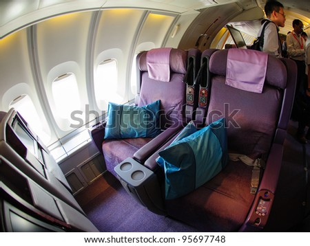 SINGAPORE - FEBRUARY 12: Top deck business class cabin in Singapore Airlines' (SIA) last Boeing 747-400 aircraft at Singapore Airshow February 12, 2012 in Singapore