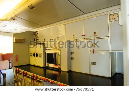 SINGAPORE - FEBRUARY 12: Galley of Singapore Airlines\' (SIA) last Boeing 747-400 aircraft at Singapore Airshow February 12, 2012 in Singapore