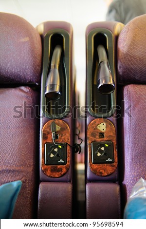SINGAPORE - FEBRUARY 12: Business class reading lights and audio jacks in Singapore Airlines\' (SIA) last Boeing 747-400 aircraft at Singapore Airshow February 12, 2012 in Singapore