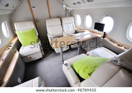 SINGAPORE - FEBRUARY 17: Interior of a luxury business jet on display at Singapore Airshow February 17, 2012 in Singapore