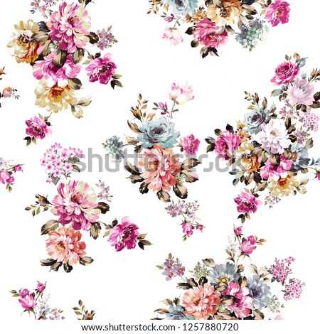 seamless duvet cover pattern with watercolor flowers and rose figures in shades of red oranj blue pink on white background