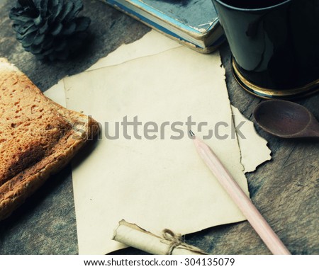 empty paper note with bread wheat and coffee cup ,vintage paper with space ,Vintage Style.