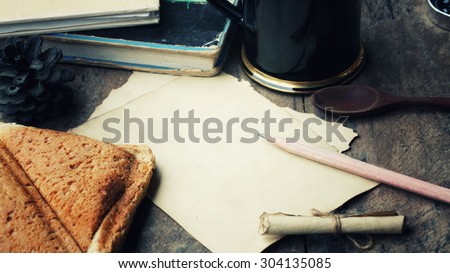 empty paper note with bread wheat and coffee cup ,vintage paper with space ,Vintage Style.